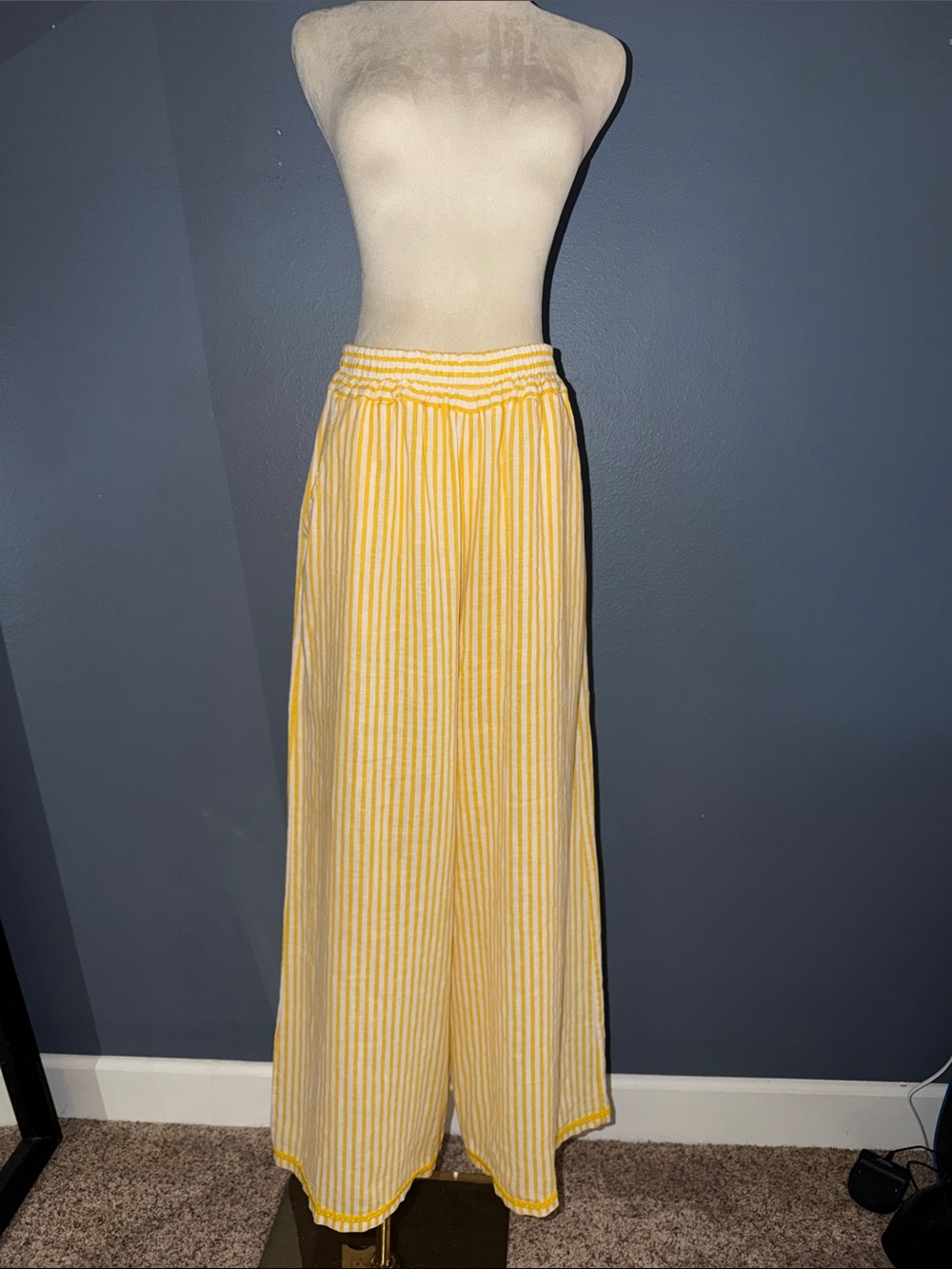 Yellow & White Vertical Stripe Linen Elastic Waist Pants
